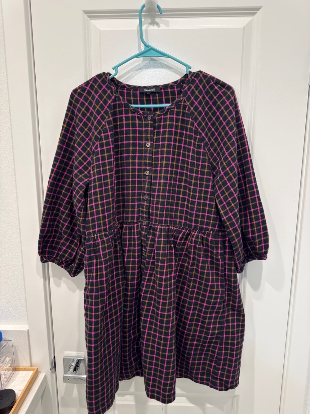 Madewell Black Plaid Button-Front Girls Dress with Pink Grid